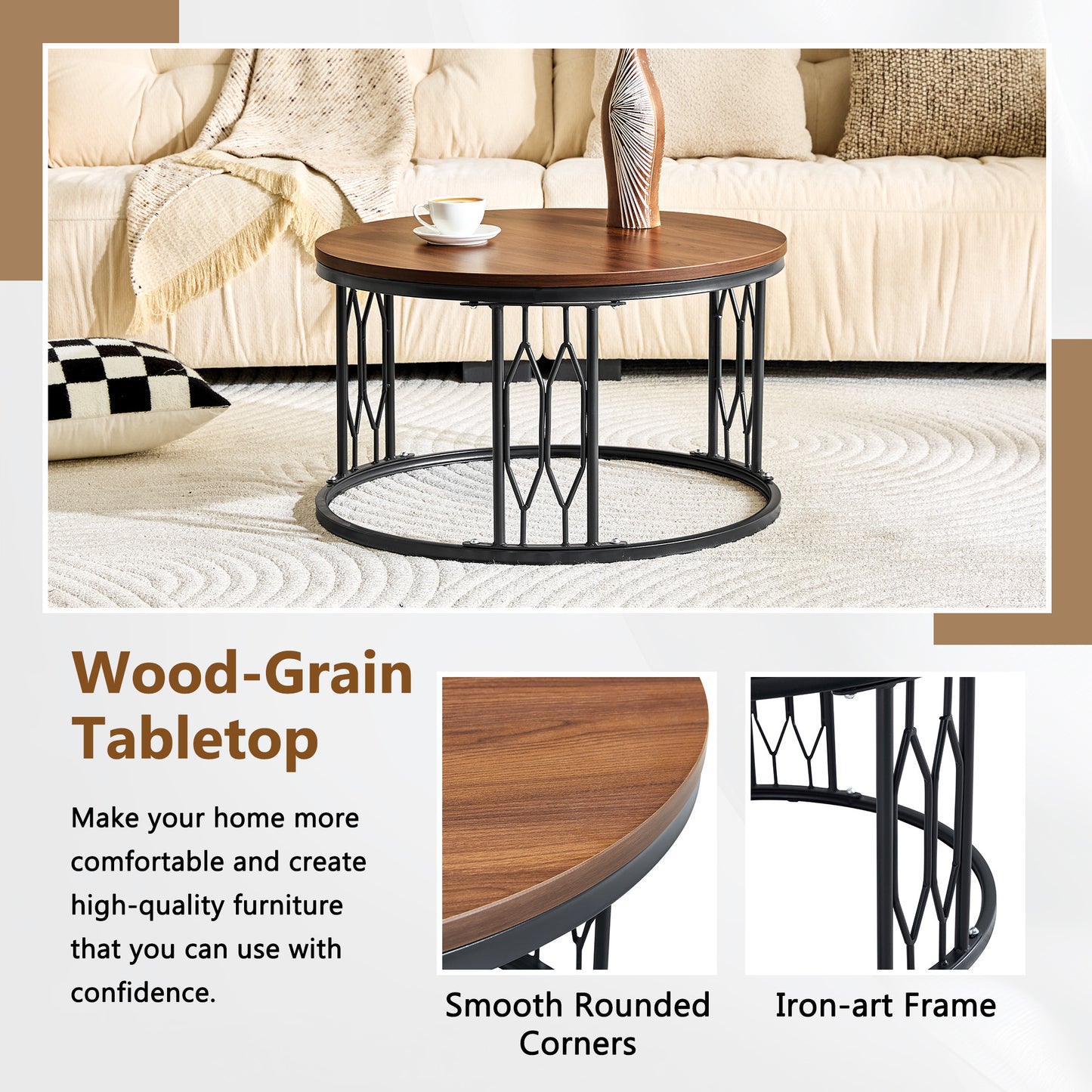 Walnut Round Coffee Table - 27.5" MDF Top, Metal Legs