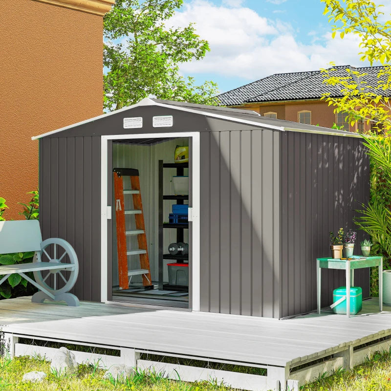 Outdoor Garden Tool Storage Shed - Galvanized Steel, Light Gray, 9x6 ft