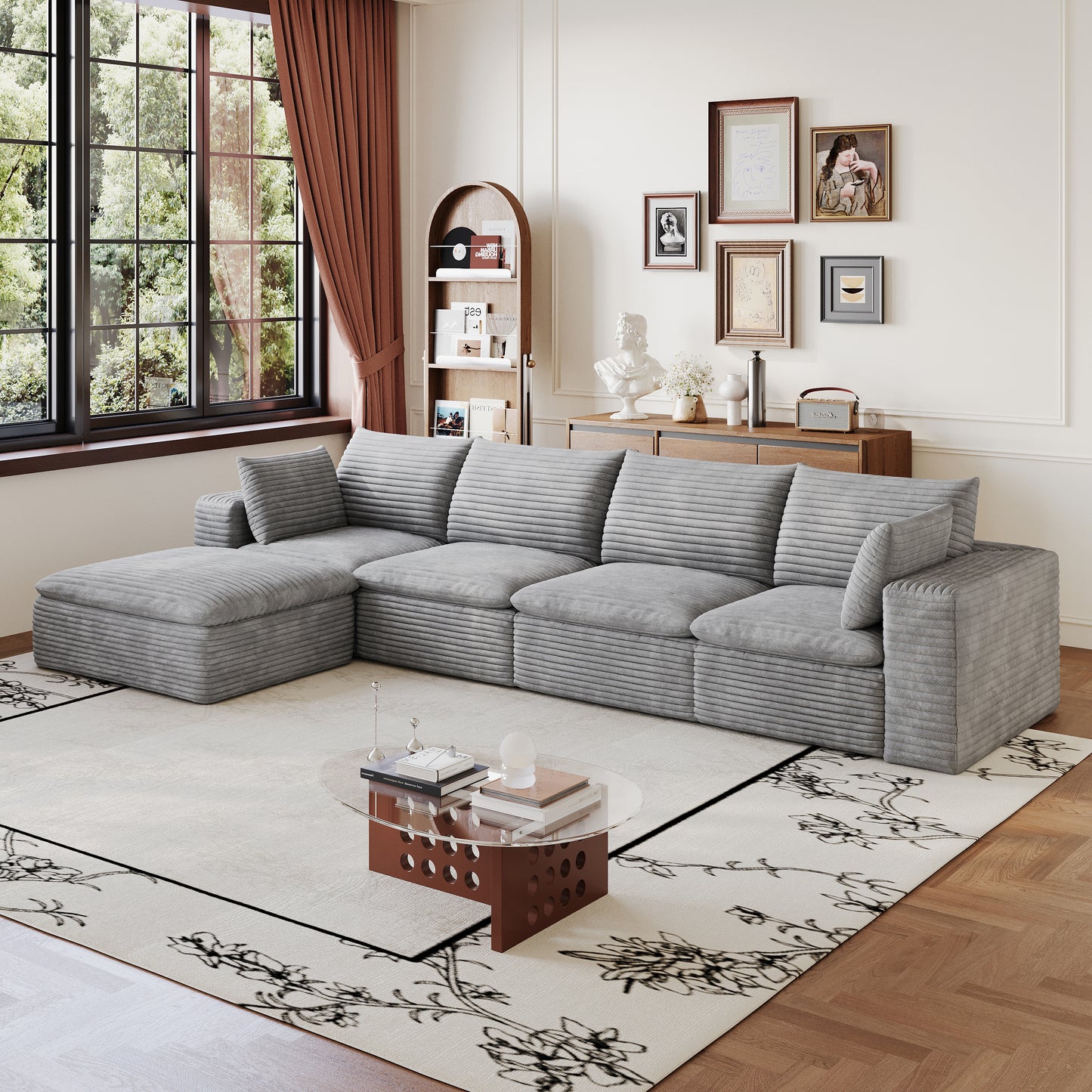 134" Cloud Sofa - Corduroy Fabric, Deep Seat, Removable Cushion, Grey