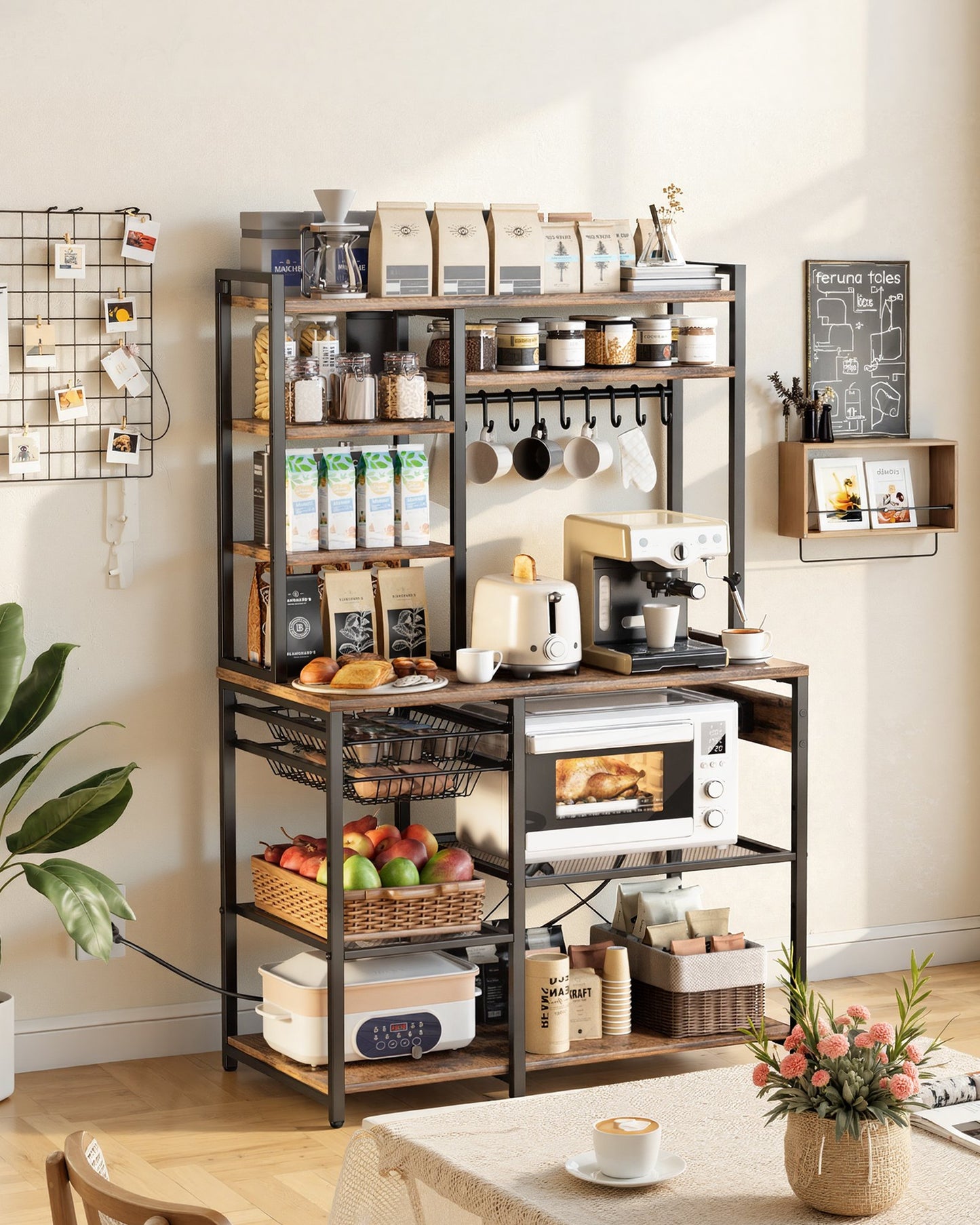 Kitchen Bakers Rack with Power Outlet, 5 Ft Metal Stand, Hooks & Shelves