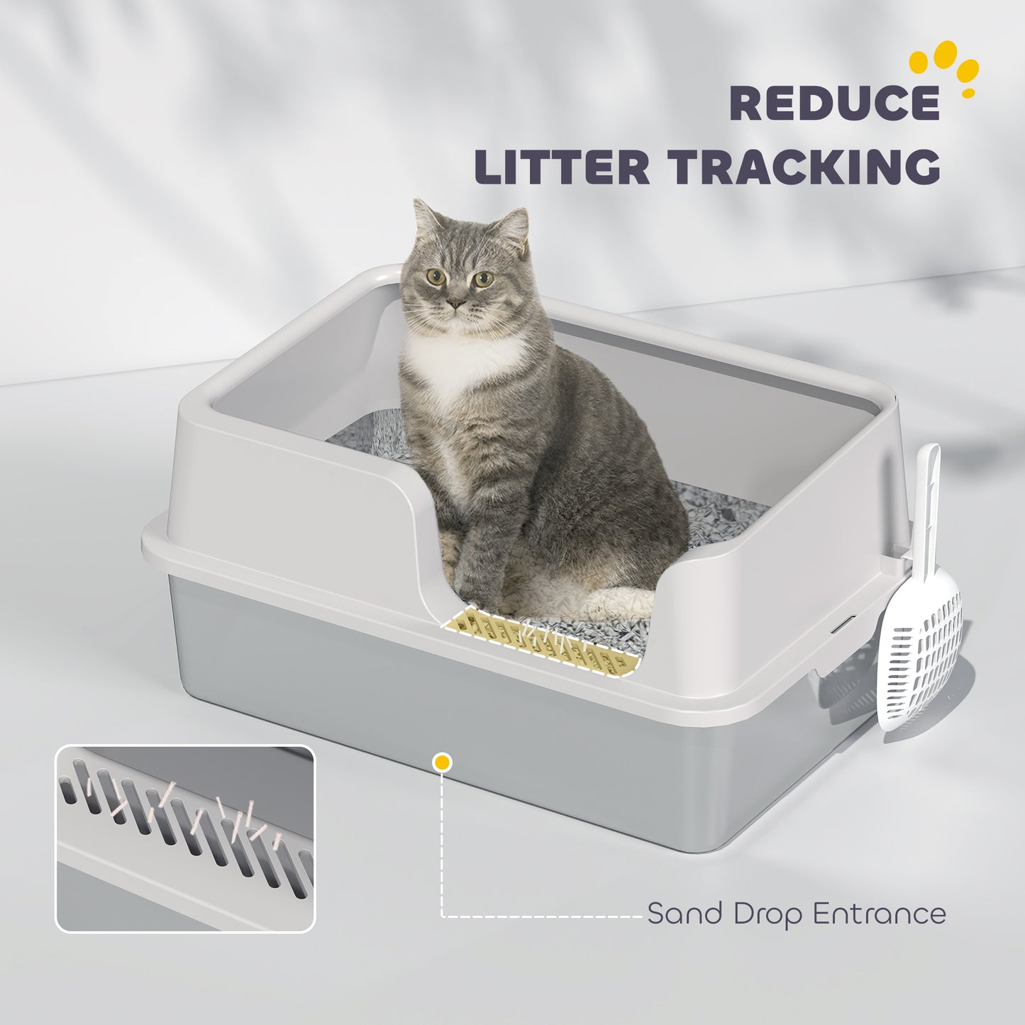 Stainless Steel Cat Litter Box with High Sides & Scoop - Light Gray