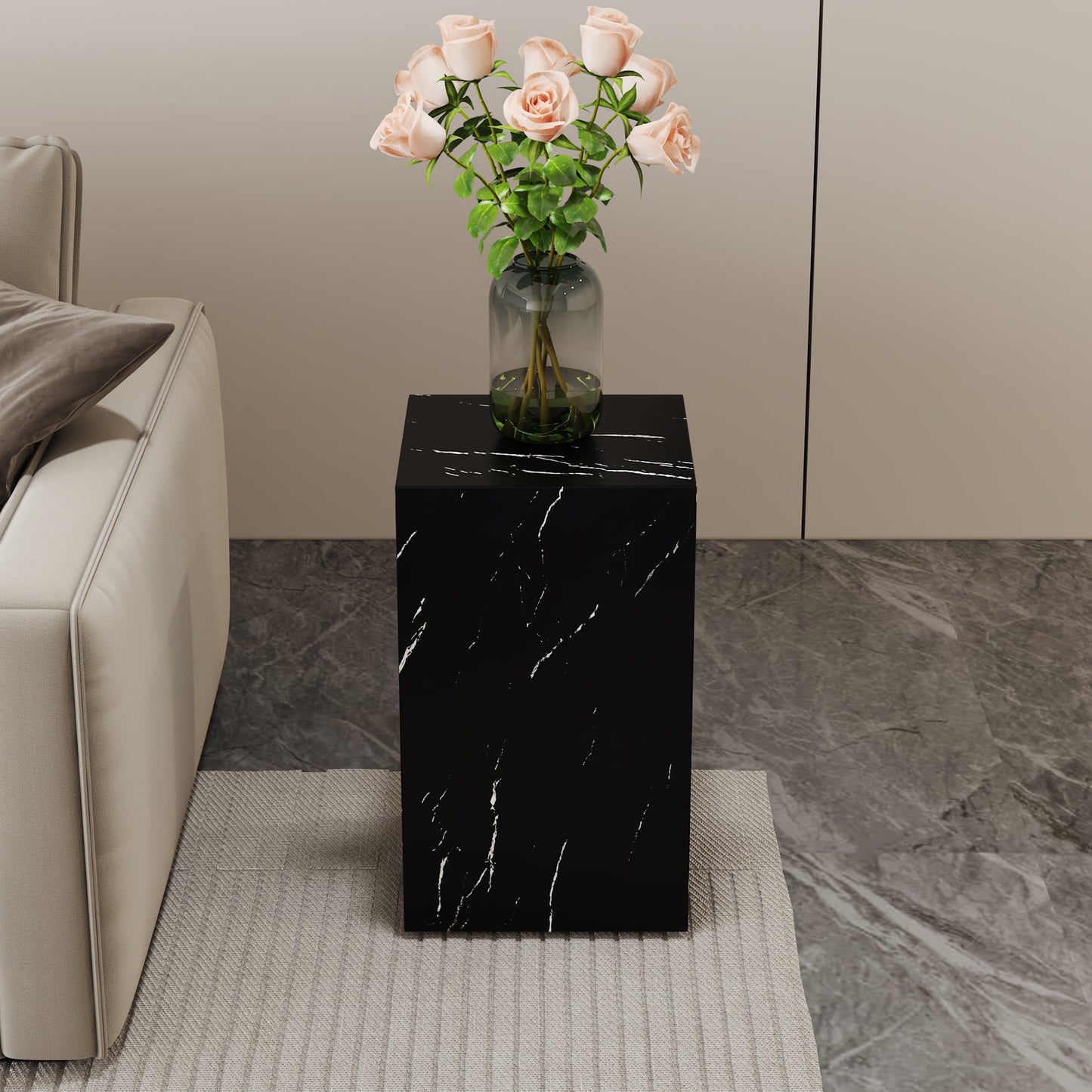 11.8x11.8x19.6 Inch Black Marble Texture MDF Coffee Table - Luxurious