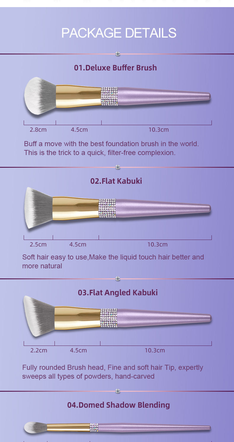 10-Piece Lilac Makeup Brush Set with Diamond Accents - Cosmetic Tools