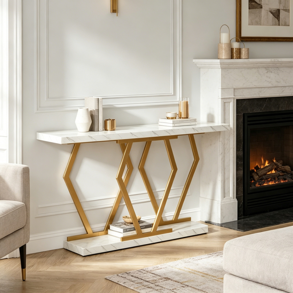 Modern Faux Marble Console Table with Gold Frame - 70.9"