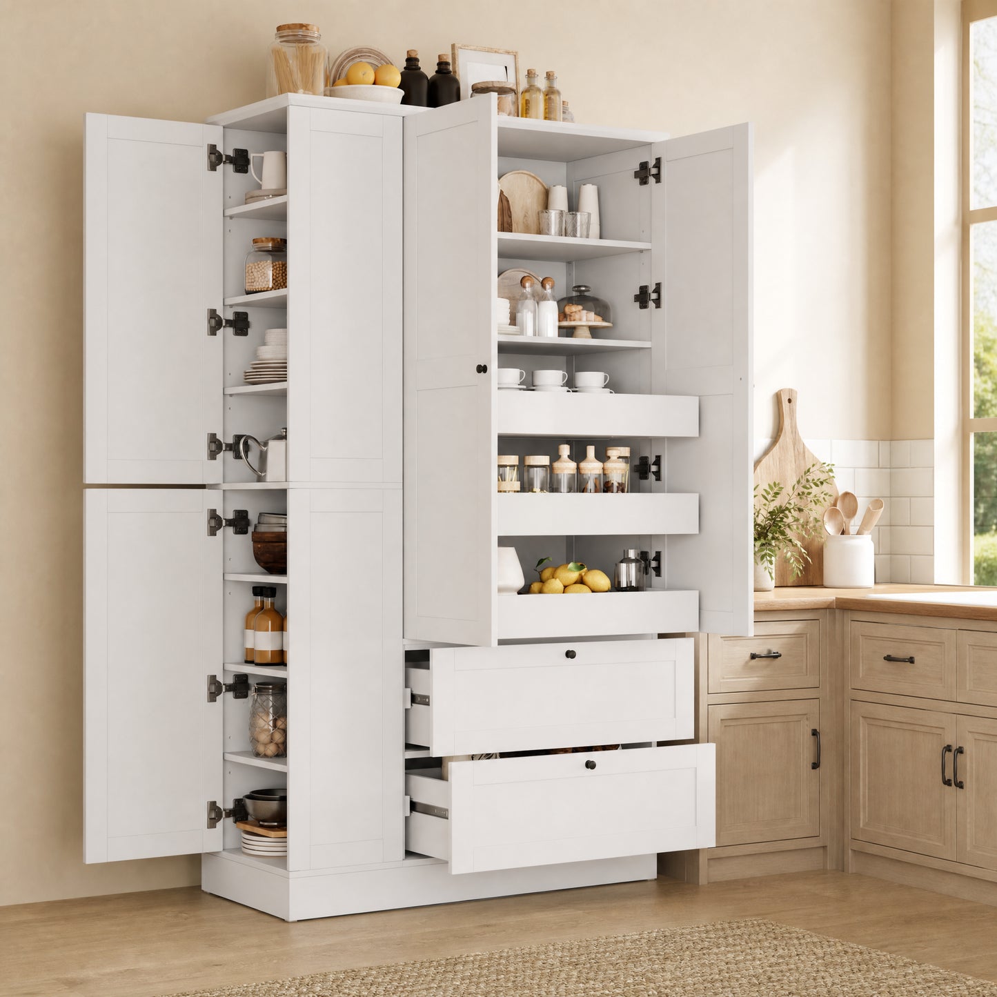 Tall Farmhouse Kitchen Pantry Cabinet - 7 Shelves, 2 Drawers, White