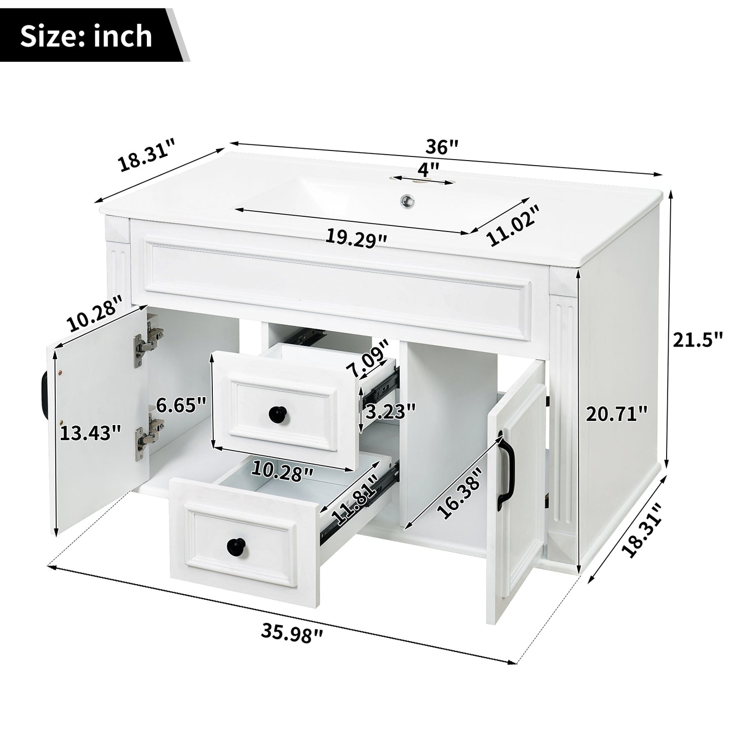 36-Inch Wall-Mounted Bathroom Vanity with Ceramic Sink - White