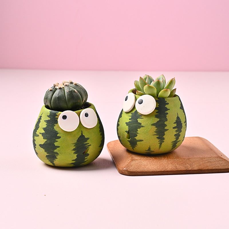 Cute Watermelon Ceramic Mini Flower Pot - Cartoon Garden Decor
