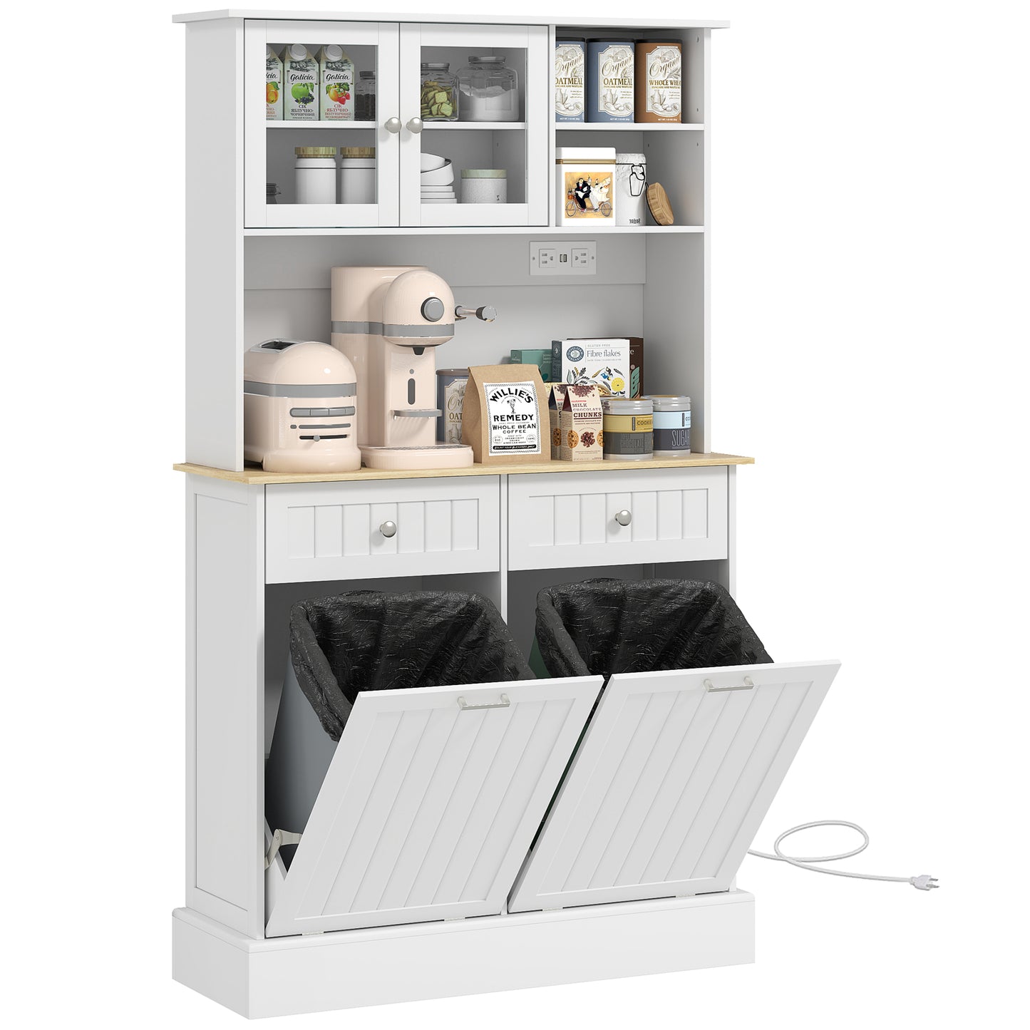 Kitchen Pantry Cabinet with Charging Station & Tilt-Out Cabinets