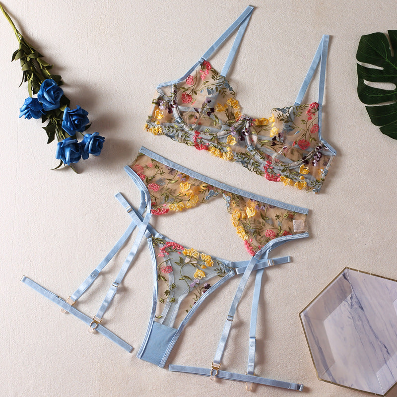 Women's Floral Lingerie Garter Set with Panty, Garter Belt & Leg Rings