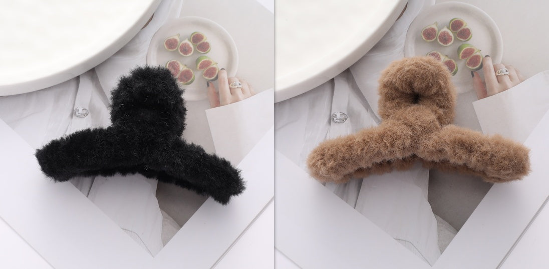 Solid Color Fur Grip Plush Back Hair Barrettes - Hair Accessories for Women
