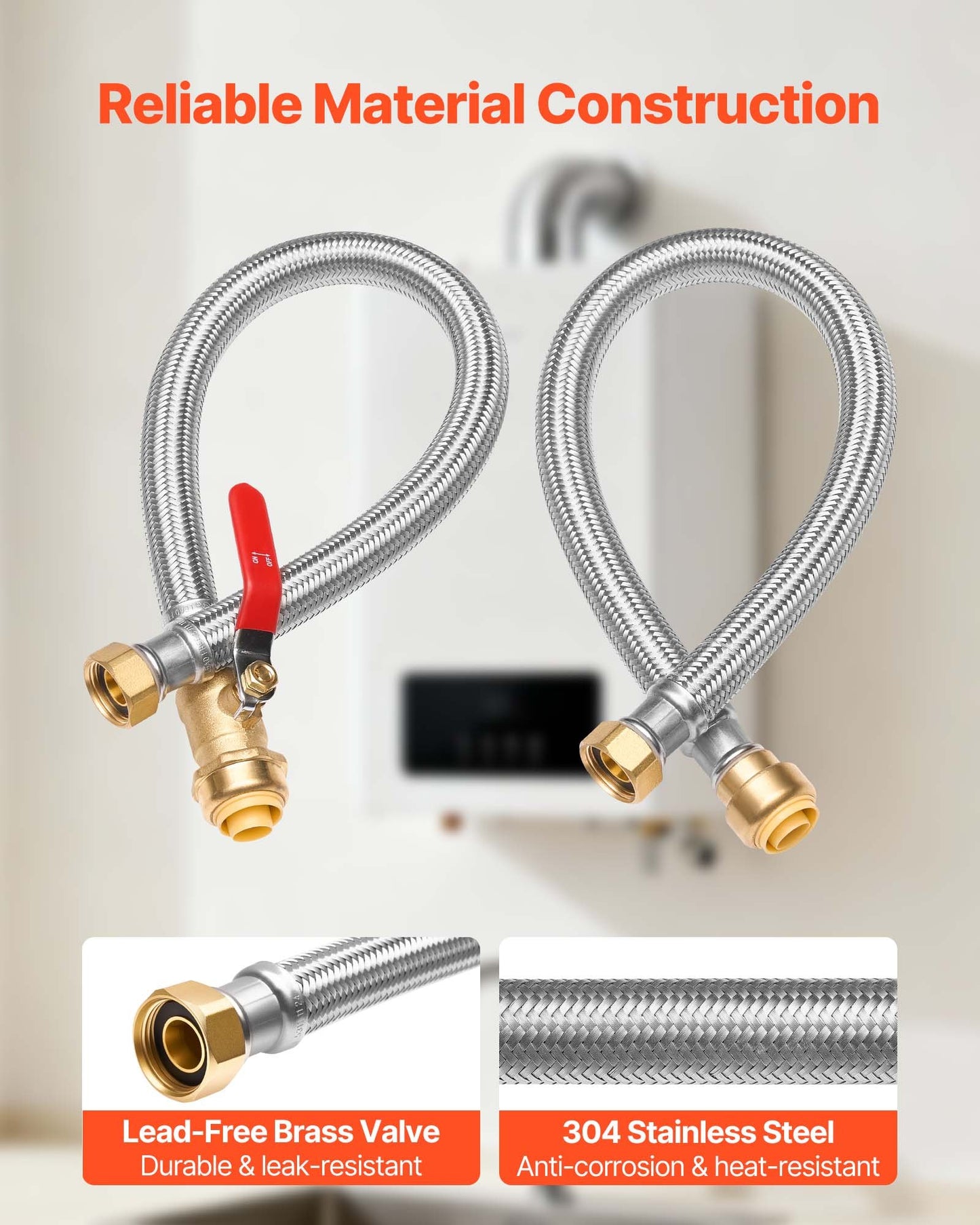 Water Heater Connector Kit with Push-Fit Valve, Stainless Steel Braided Hose, 3/4" FIP x 3/4" PTC, Black
