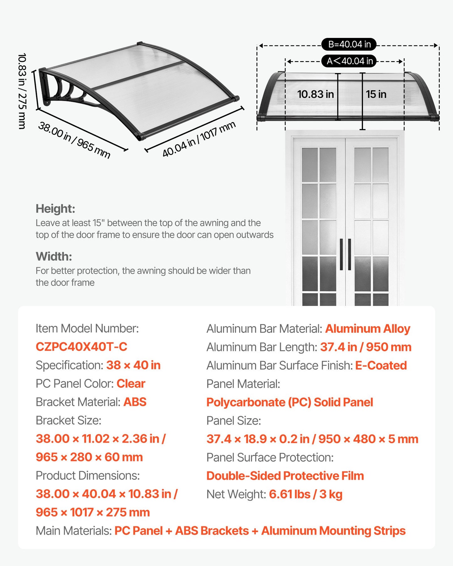 Clear Polycarbonate Door Awning 38x40 In with Drainage & ABS Brackets for Porch & Patio