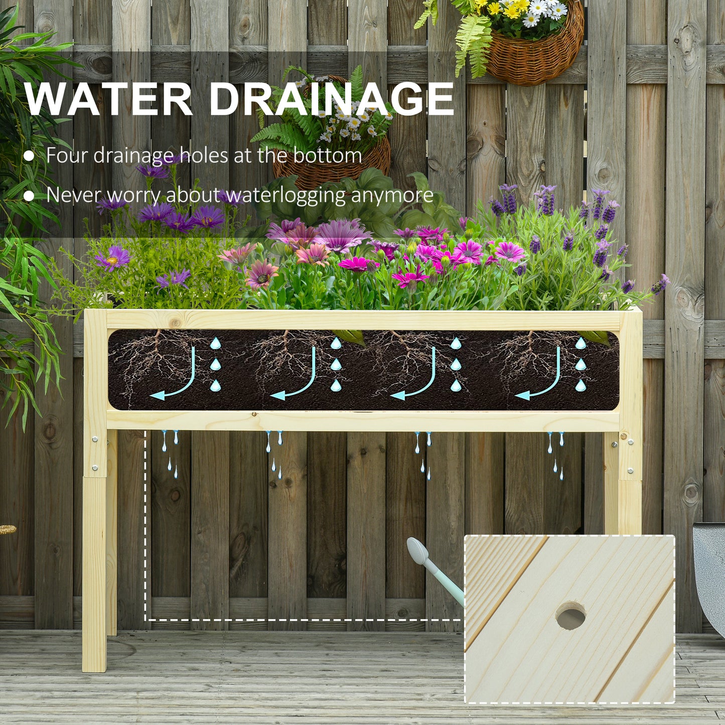 Foldable Wooden Raised Garden Bed with Drainage Holes & Inner Liner - Natural Fir Wood, 1195x150x400 mm