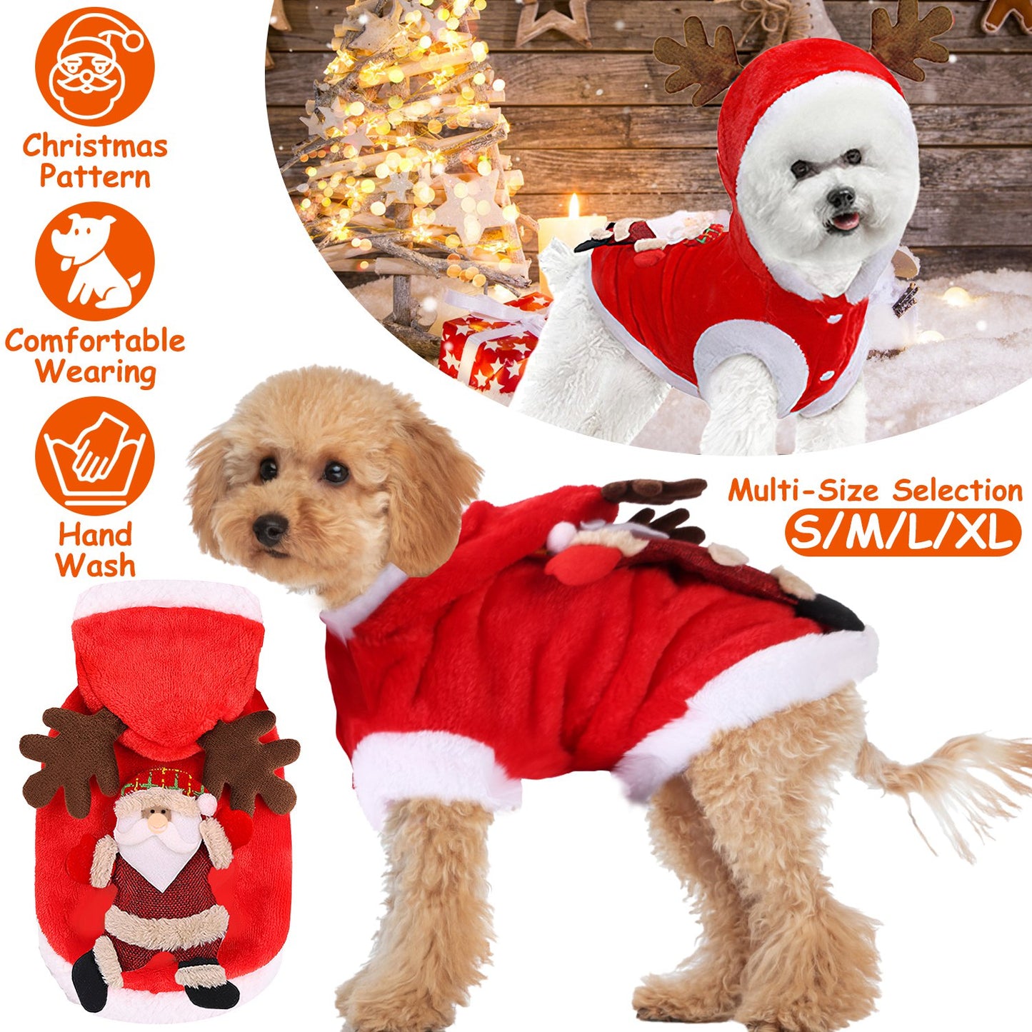 Pet Christmas Costume Santa Reindeer Antlers Winter Outfit for Small Medium Dogs Cats