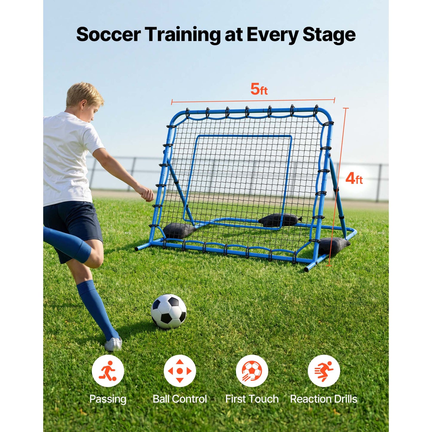Soccer Rebounder Net 5x4 ft with Heavy-Duty Iron Frame for Passing Control Training