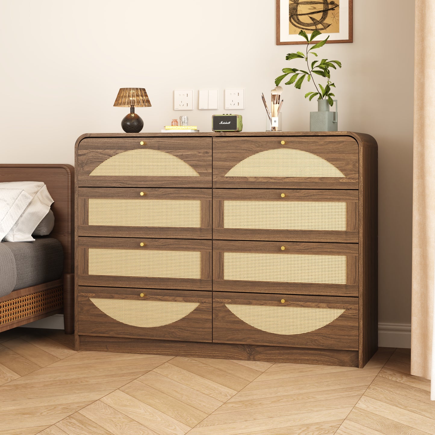 Walnut 8-Drawer Dresser with Rattan Front - Modern Storage Cabinet