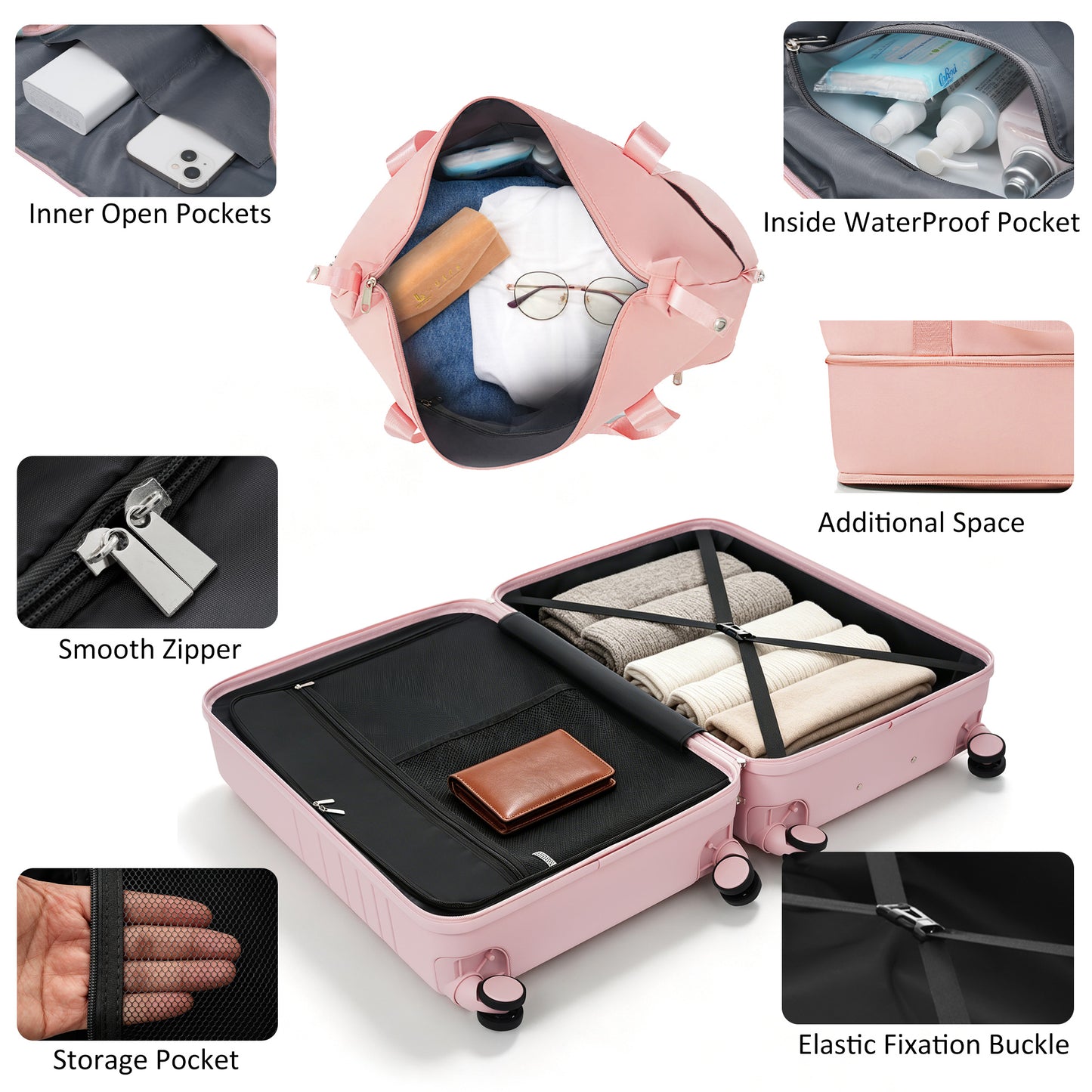 4-Piece Pink Luggage Set with USB Charging Ports & Toiletry Bag