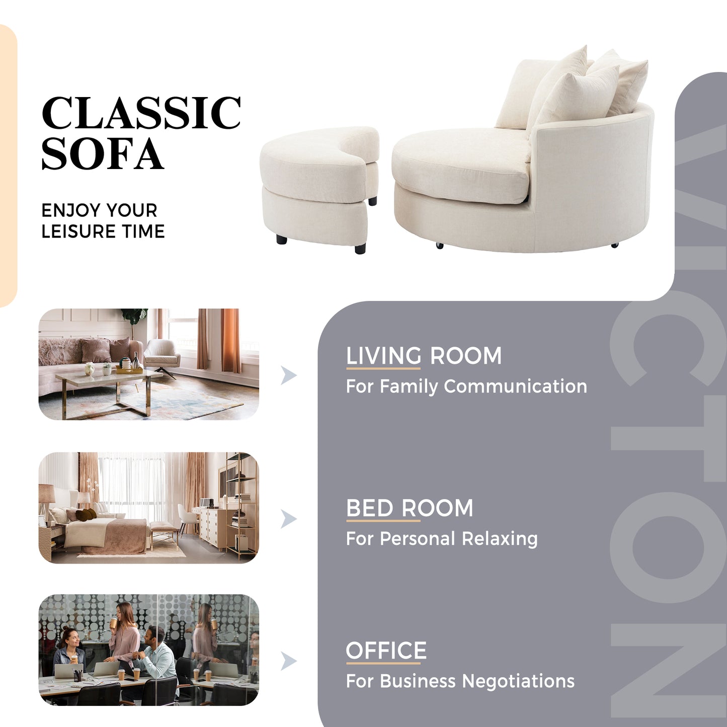 360° Swivel Accent Barrel Chair with Storage Ottoman & 4 Pillows - Cream