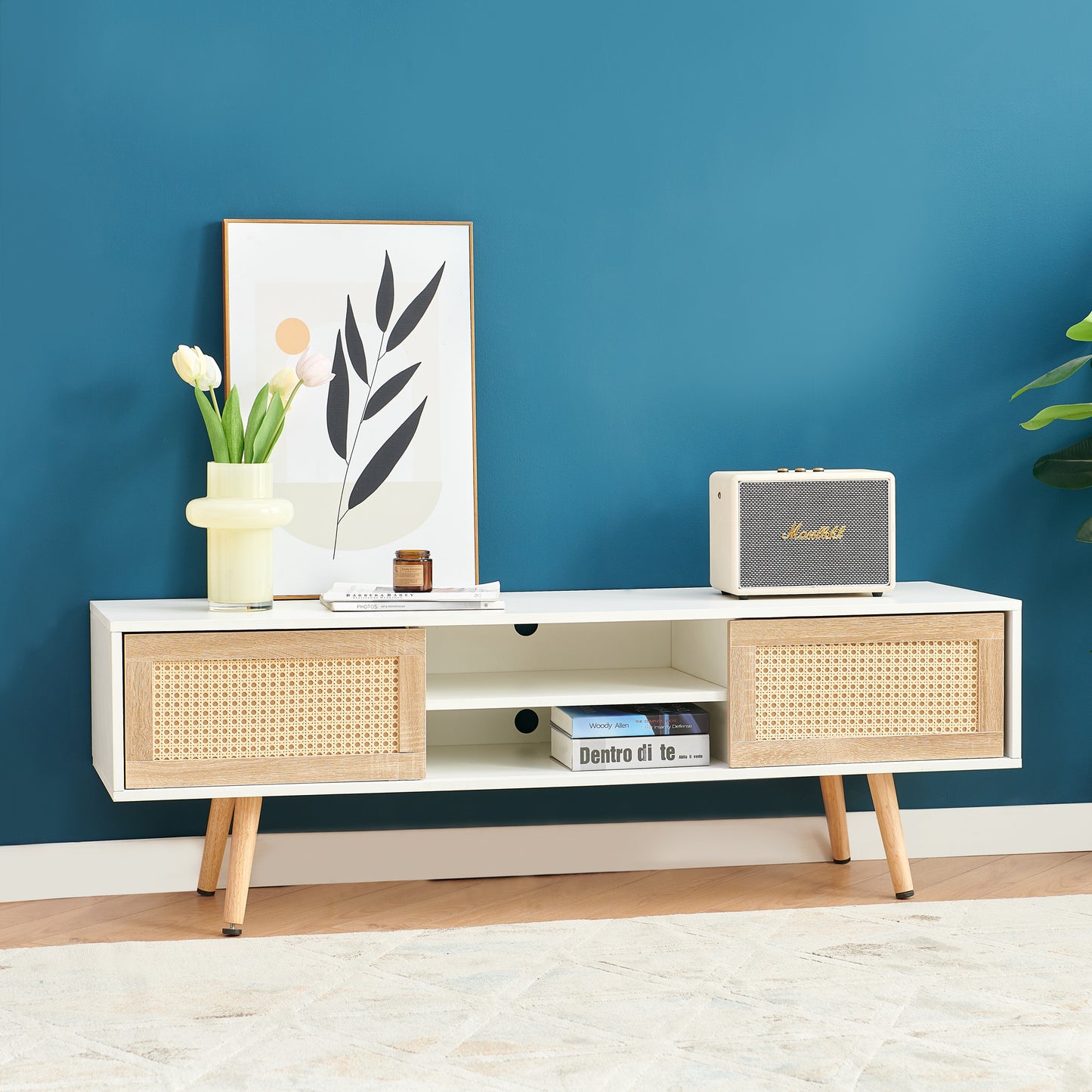 55.12" Rattan TV Cabinet with Sliding Doors & Adjustable Shelf - White
