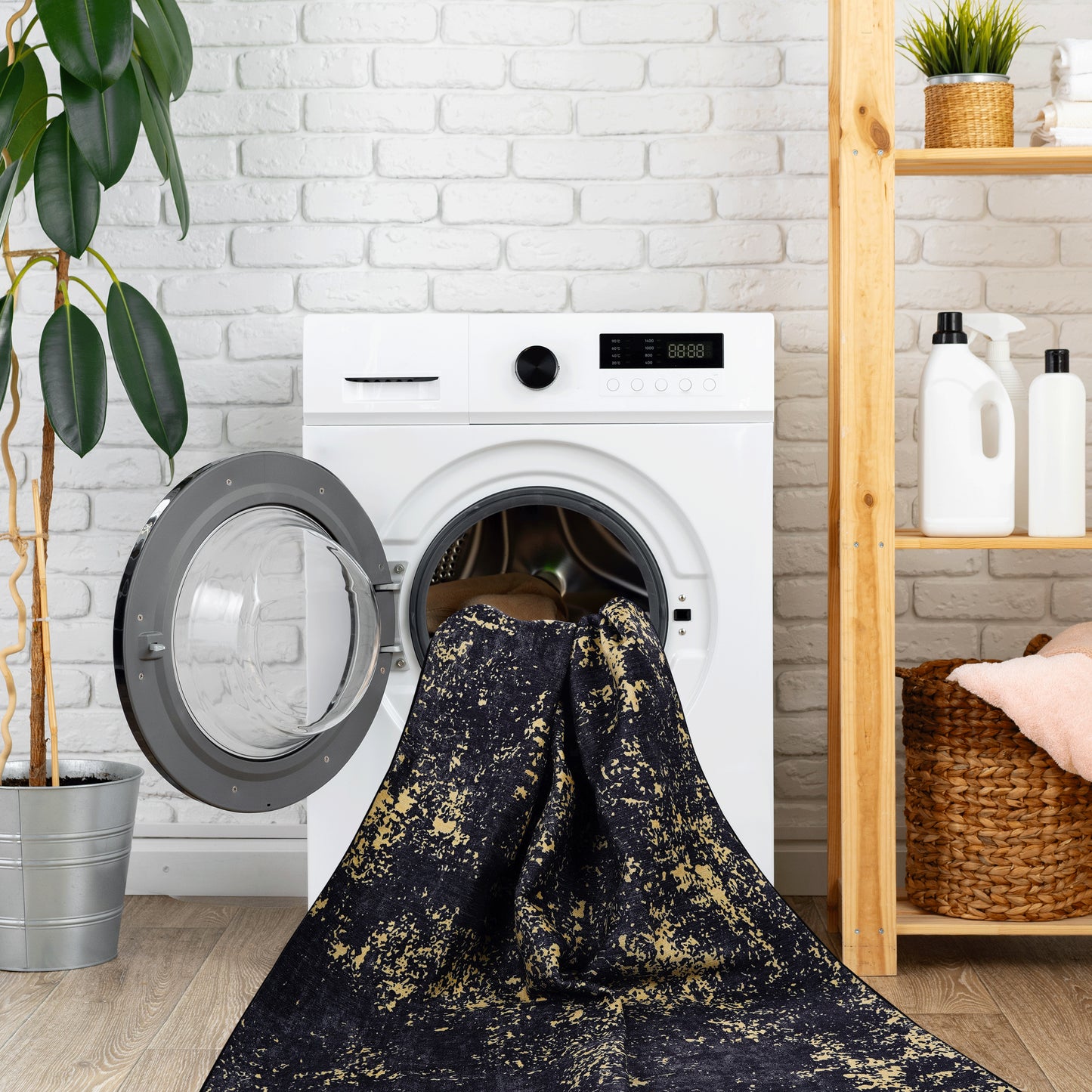 MAVAL Black Washable Rug 2'6'' X 10' Runner Gold,