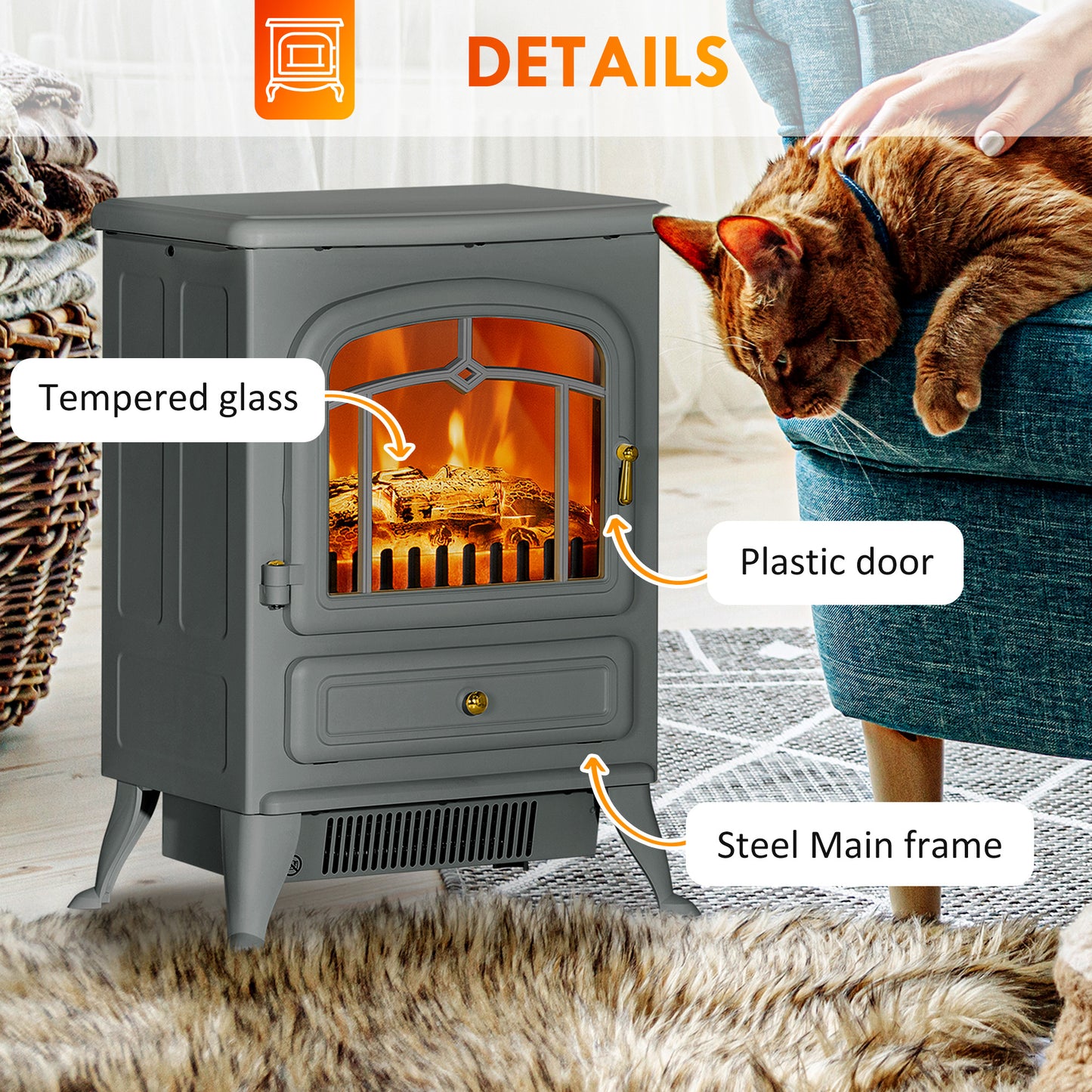 Electric Fireplace Heater with Realistic LED Flames, Logs, 725W/1450W - Gray
