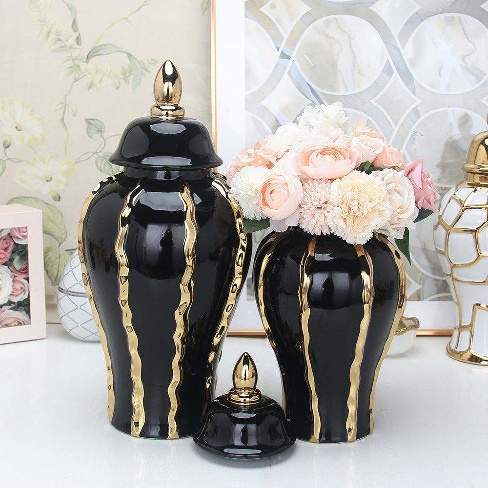 Ceramic Temple Jar Ornaments Set - Black and Gold Pattern Home Decor