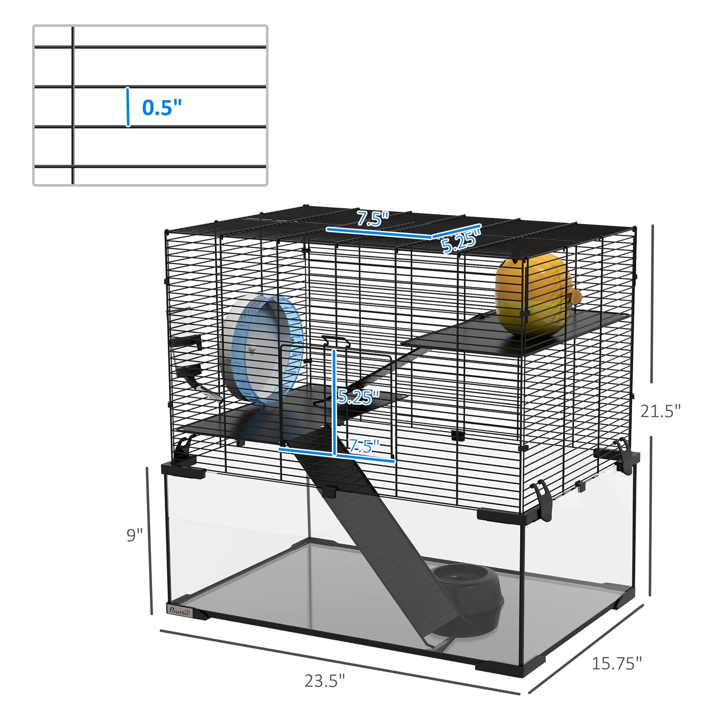 23.5-Inch Hamster Cage with Glass Basin for Small Rodents - Black