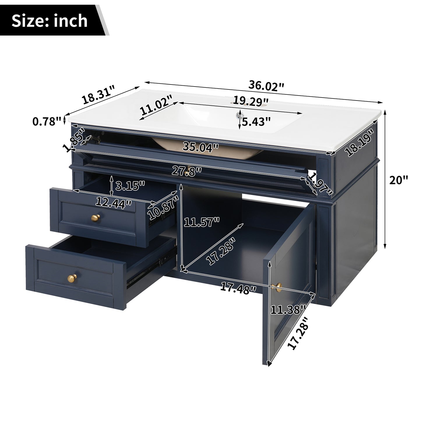 36-Inch Wall Mounted Bathroom Vanity with Ceramic Sink - Blue