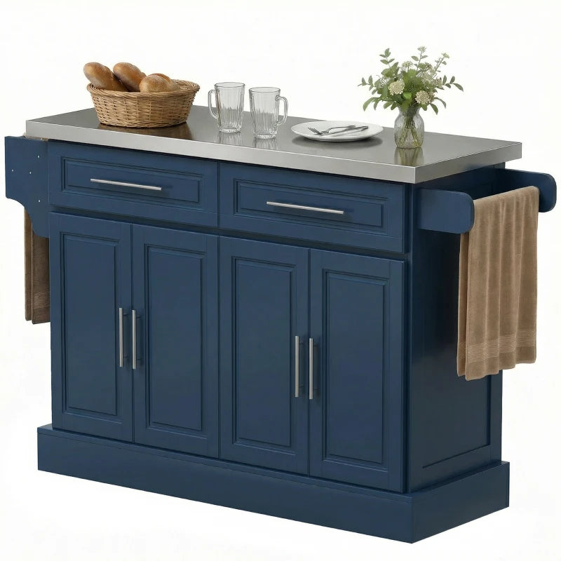Rolling Kitchen Island with Stainless Steel Top - Navy Blue