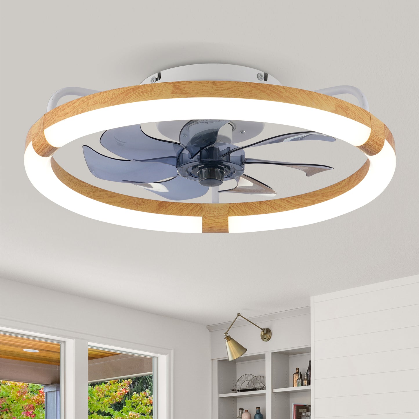 20" Modern Flush Mount Ceiling Fan with LED Light & Remote Control - Matte White Wood