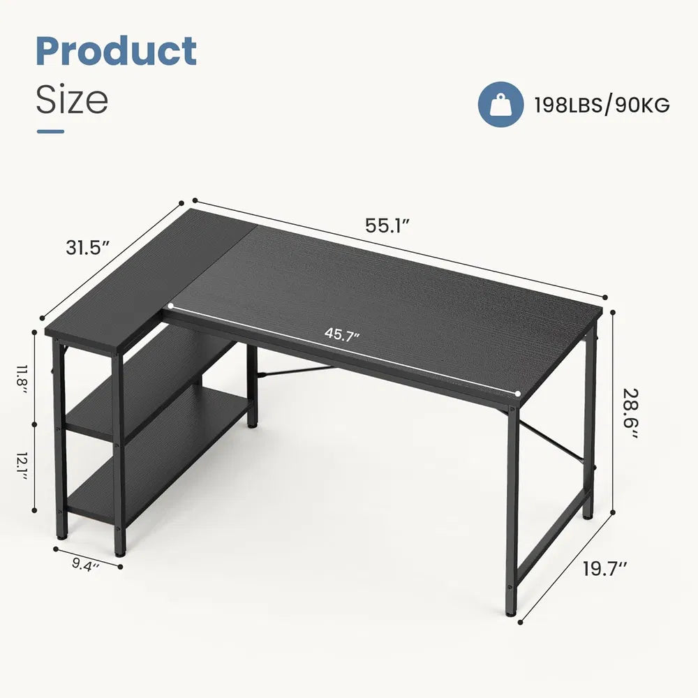 L-Shaped Computer Desk with Reversible Storage Rack - Multiple Sizes