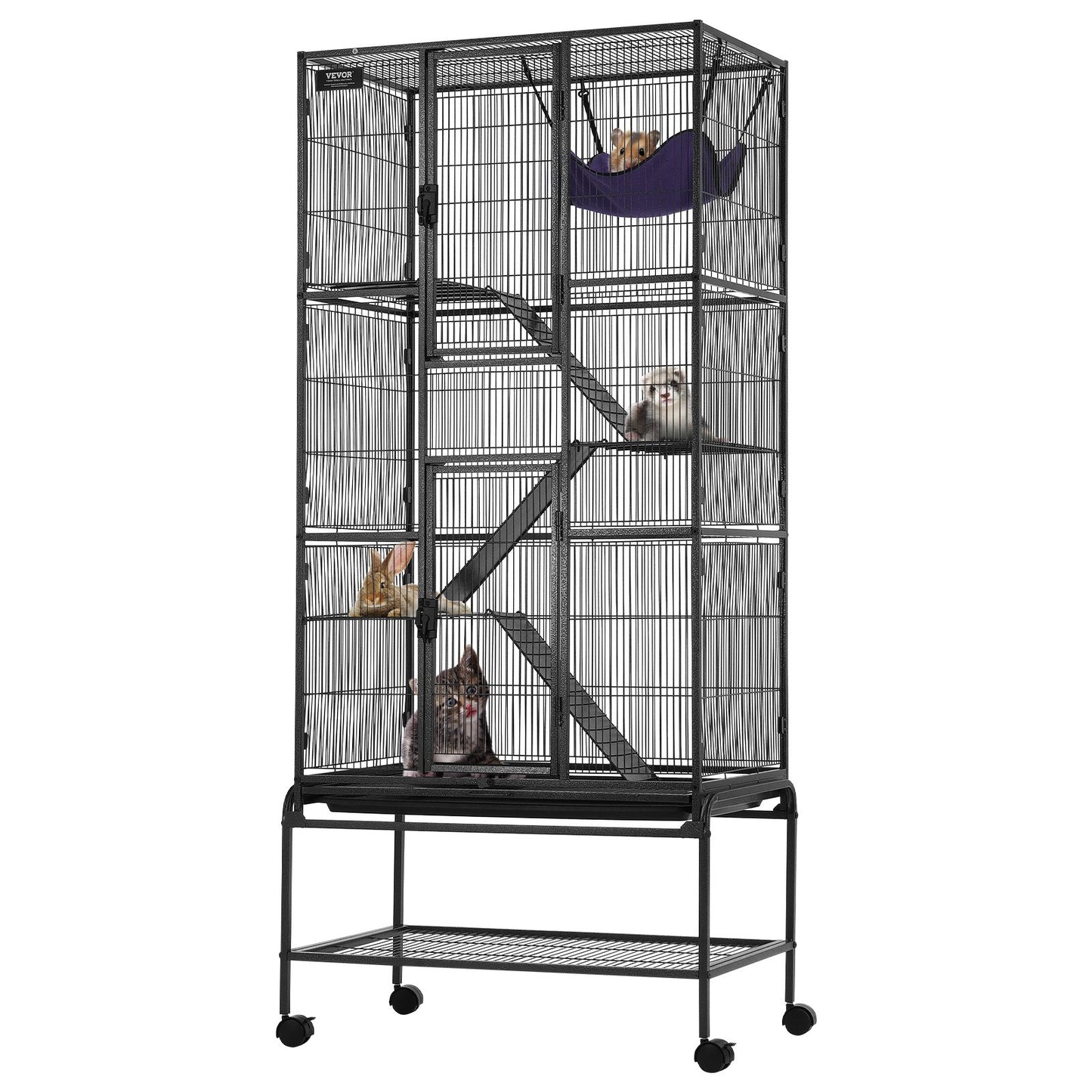 Small Animal Cage 4-Tier Metal Ferret Cage with Ramps & Tray - Black