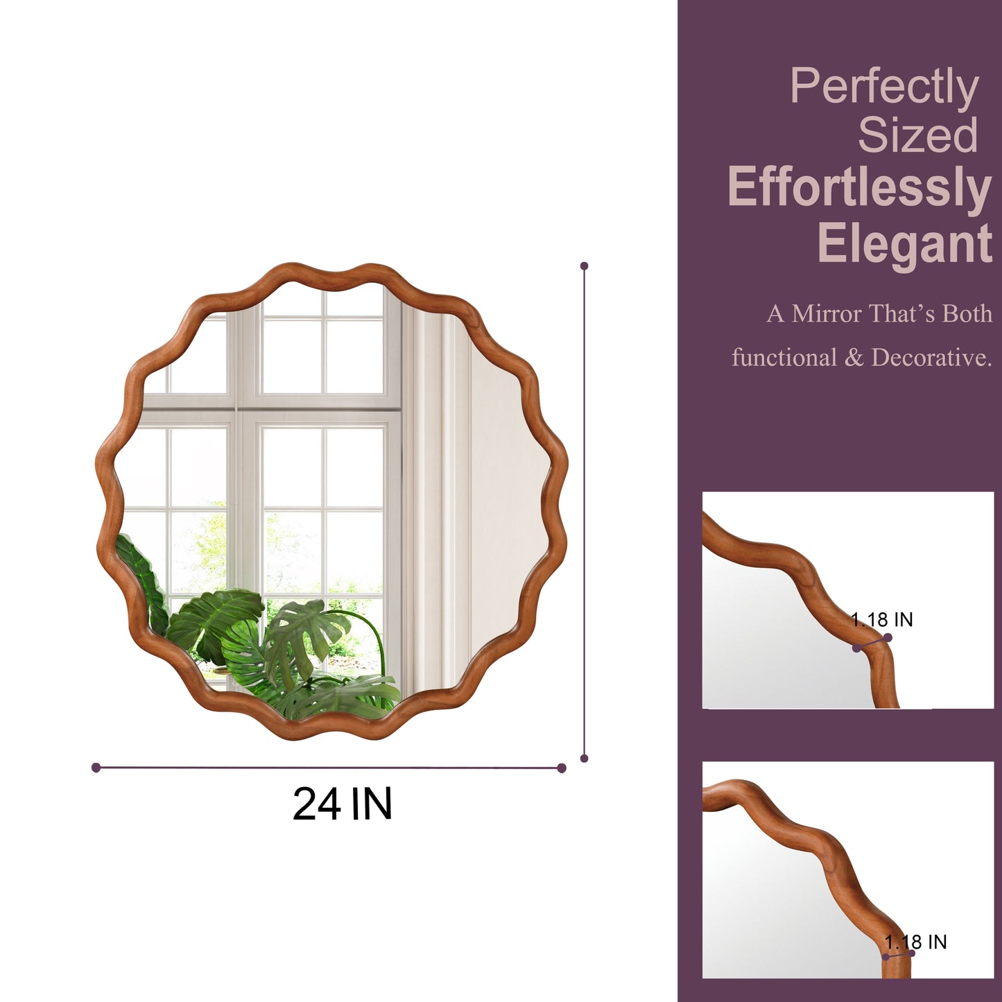 24-Inch Wavy Round Solid Wood Frame Decorative Mirror - Yellowish Brown