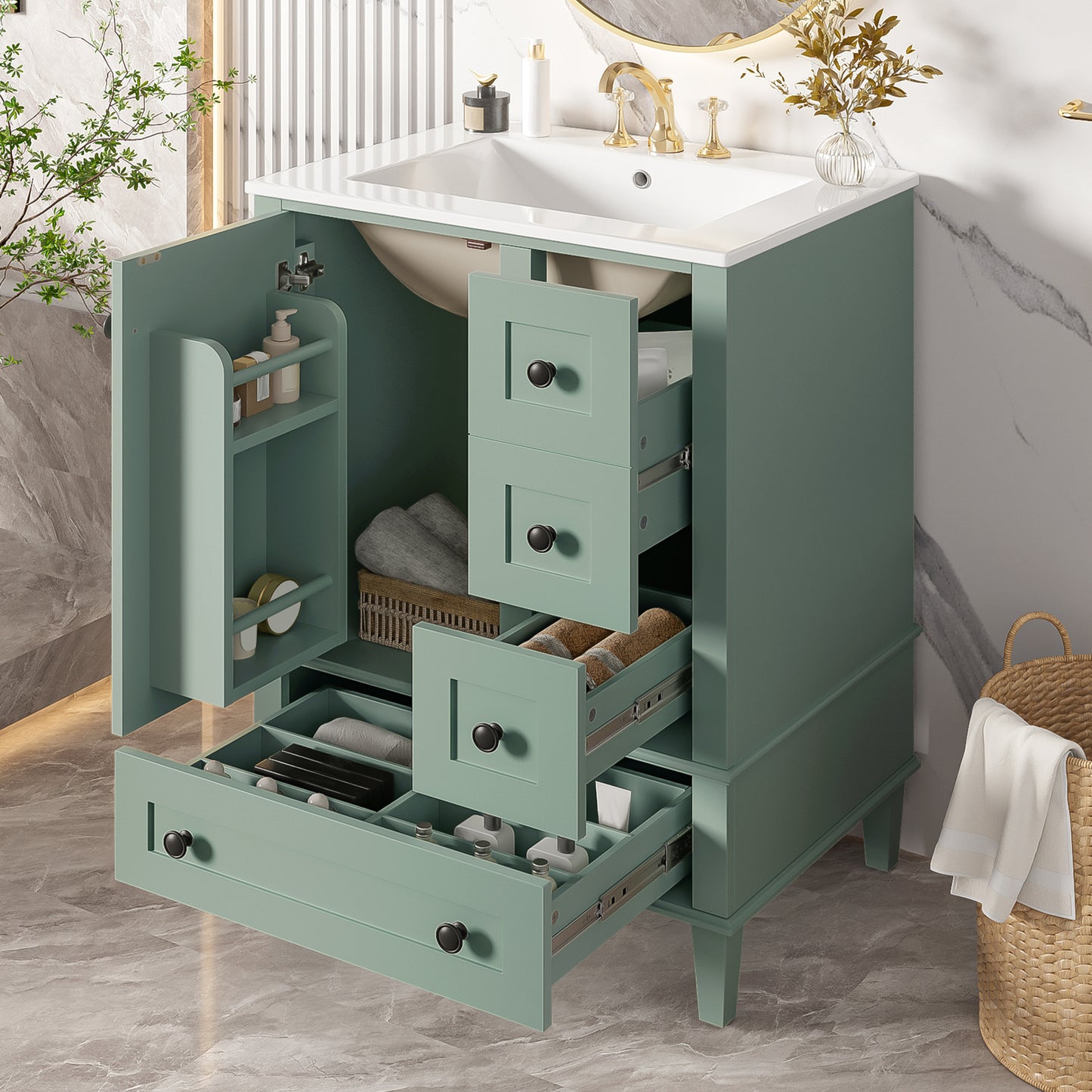 24-Inch Light Green Bathroom Vanity with Integrated Basin