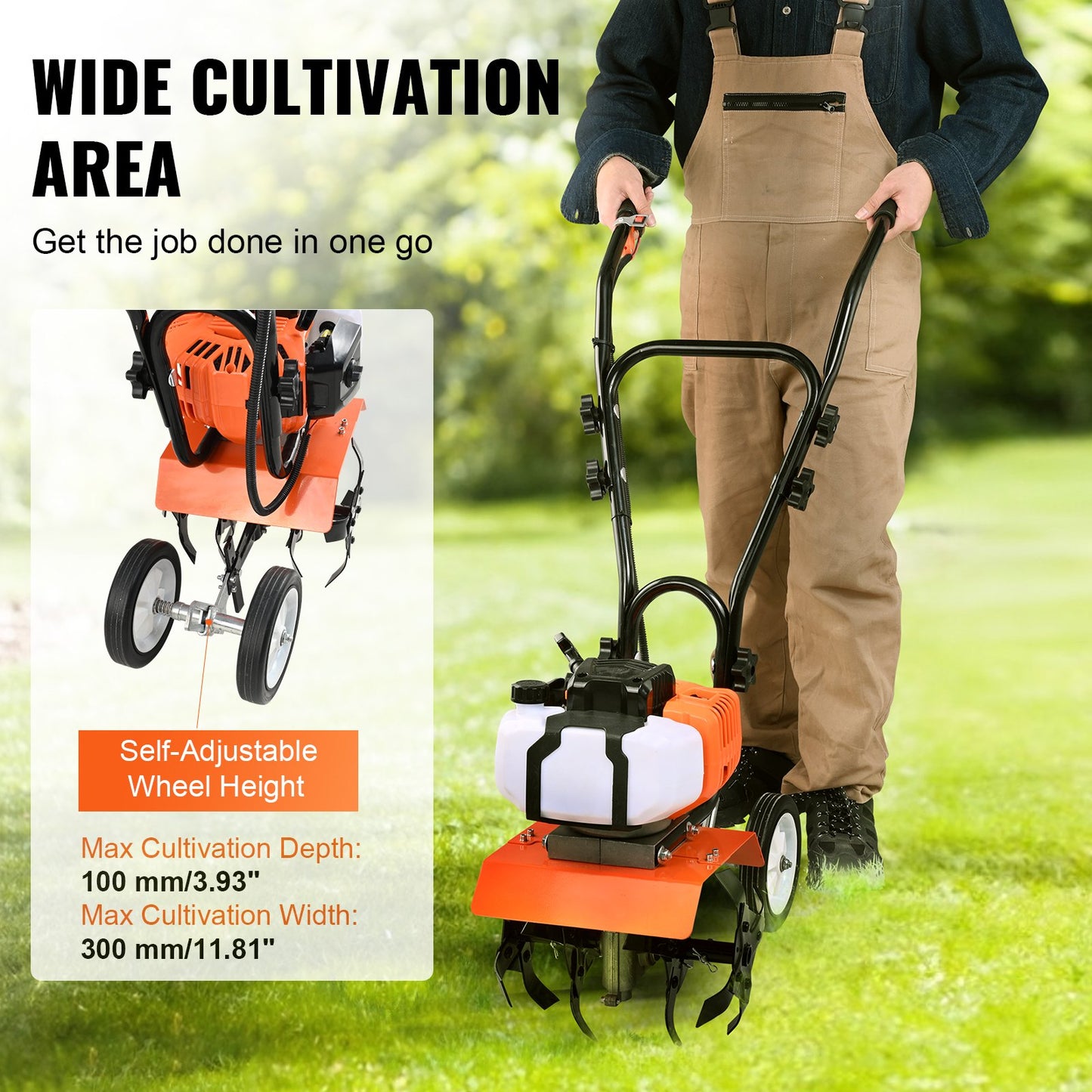 Garden Tiller Cultivator 43CC 2-Stroke with Adjustable Tines, Orange