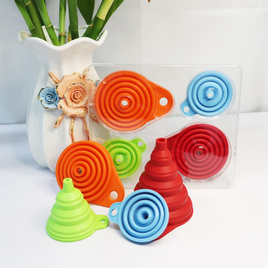 Collapsible Silicone Kitchen Funnel Set - 4-Pack, Small & Large