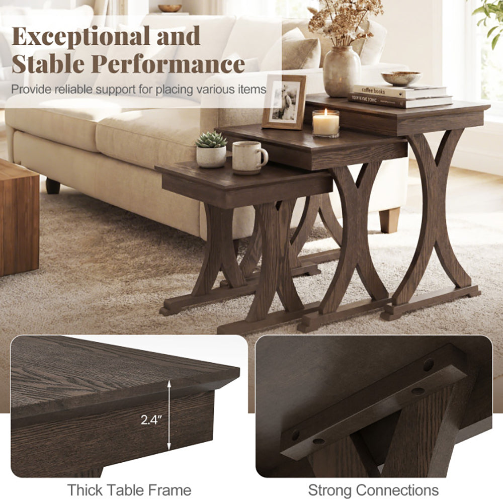 3 Pieces Nesting Coffee Table Side With Solid Rubber Wood Legs For