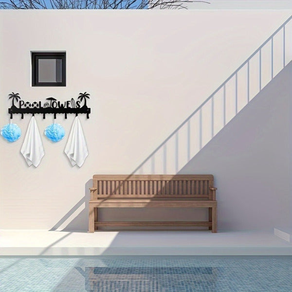 Handmade Iron Pool Towel Rack with 8 Hooks - Black