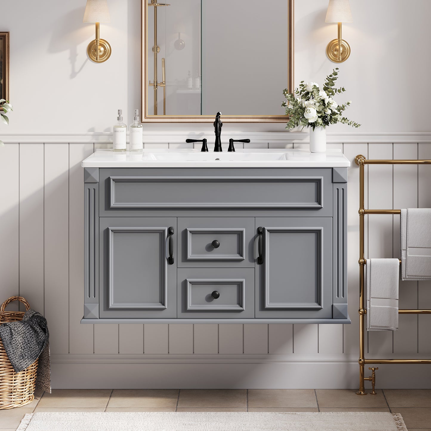 36-Inch Wall-Mounted Bathroom Vanity with Ceramic Sink - Gray