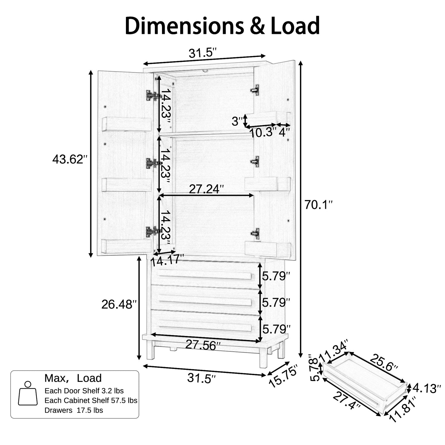 70" Kitchen Pantry Cabinet - Solid Wood with 6 Door Shelves & 3 Drawers