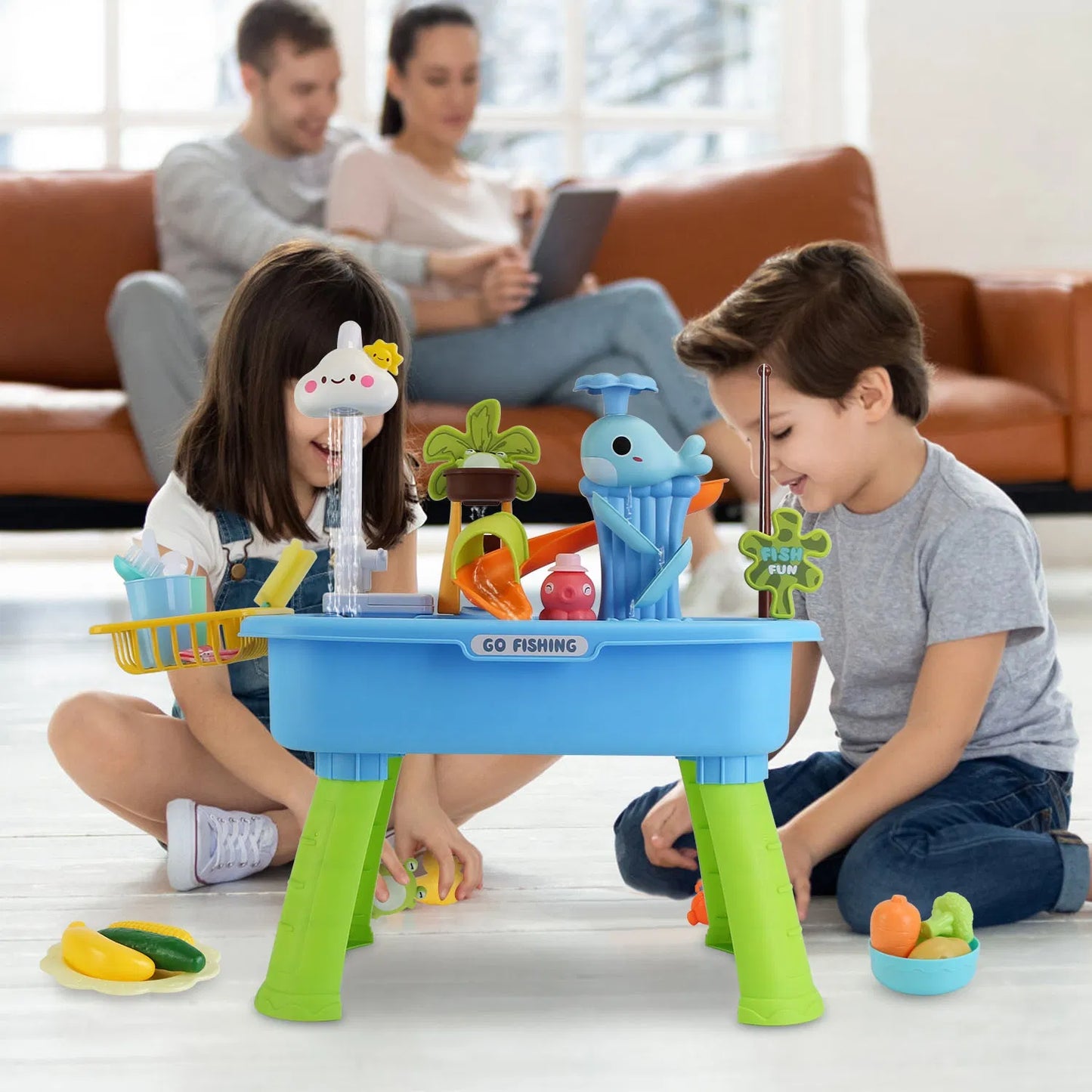 3-in-1 Kids Water Table with Electric Faucet & Fishing Game