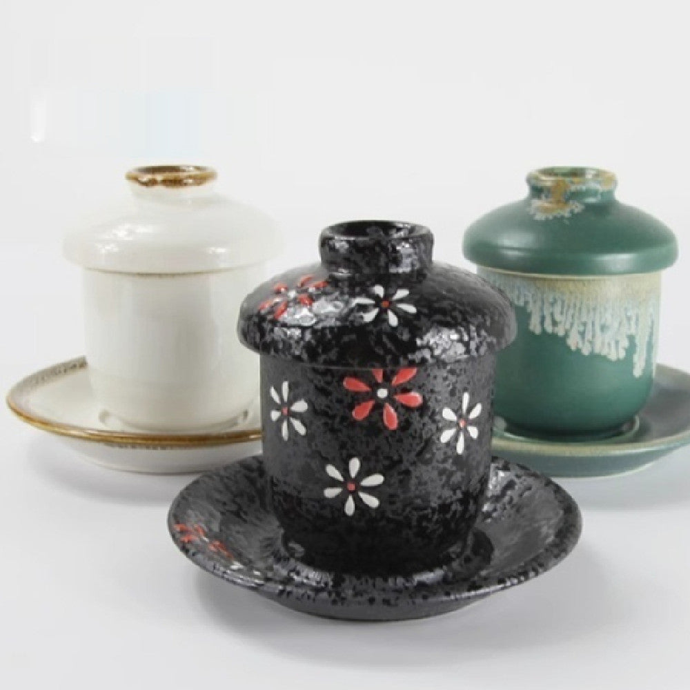 Hand Painted Ceramic Soup Cup with Lid - Japanese Style Miso & Tea Utensil