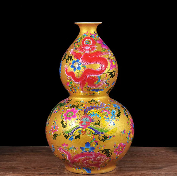 Porcelain Gourd-Shaped Decorative Vase with Dragon and Phoenix Design - Multiple Styles
