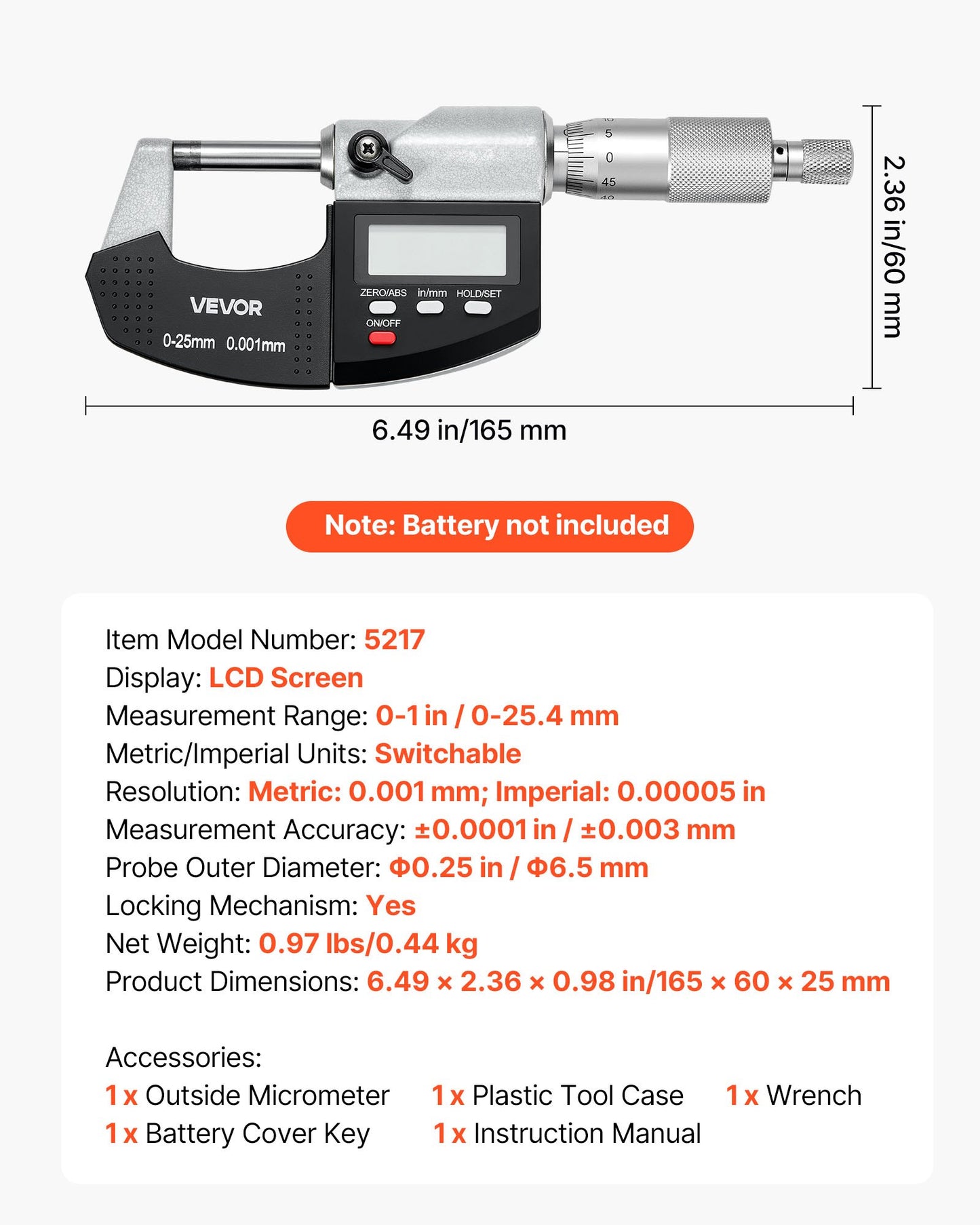 Digital Outside Micrometer Set 0-1 Inch with LCD, Carbide Tip, Protective Case