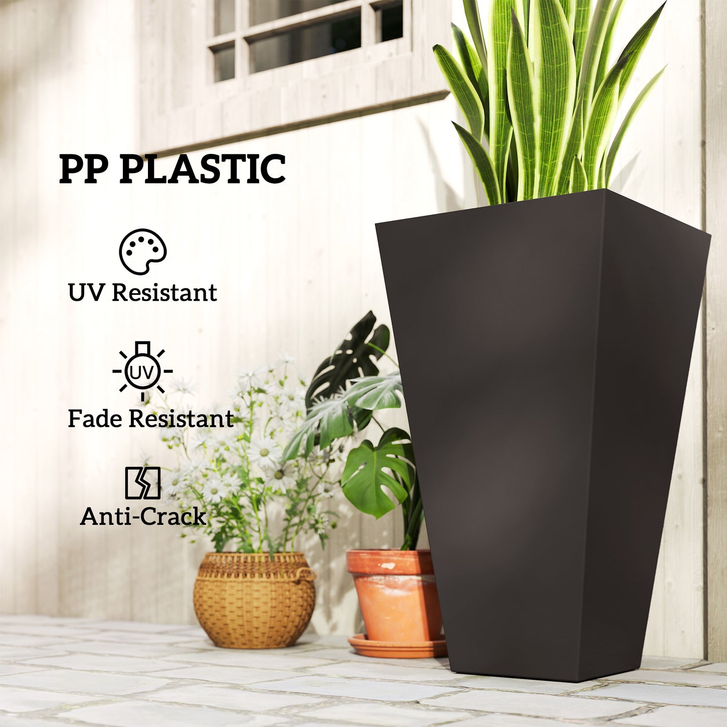 28ft Tall Plastic Garden Planters Set of 3 Square Outdoor Indoor Flower Pots - Brown
