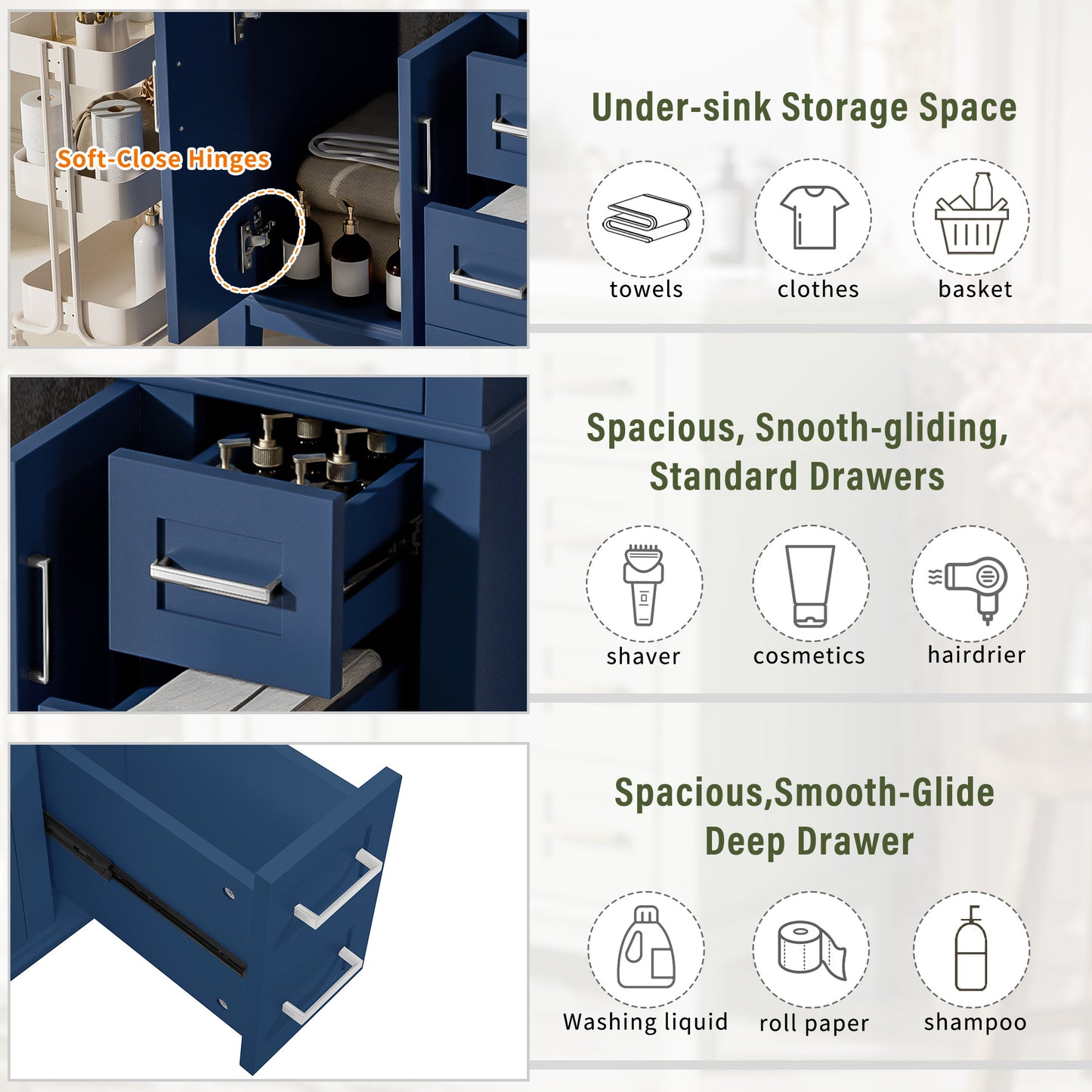 30" Blue Bathroom Vanity with Ceramic Sink & Soft-Close Doors