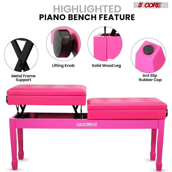 Padded Adjustable Piano Bench - 3.5 Inch Cushioned Stool with Storage - Cherry