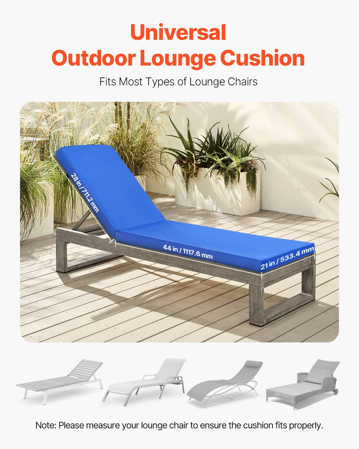 Outdoor Chaise Lounge Cushion with Ties - Waterproof Thick Support for Garden Chairs, Blue
