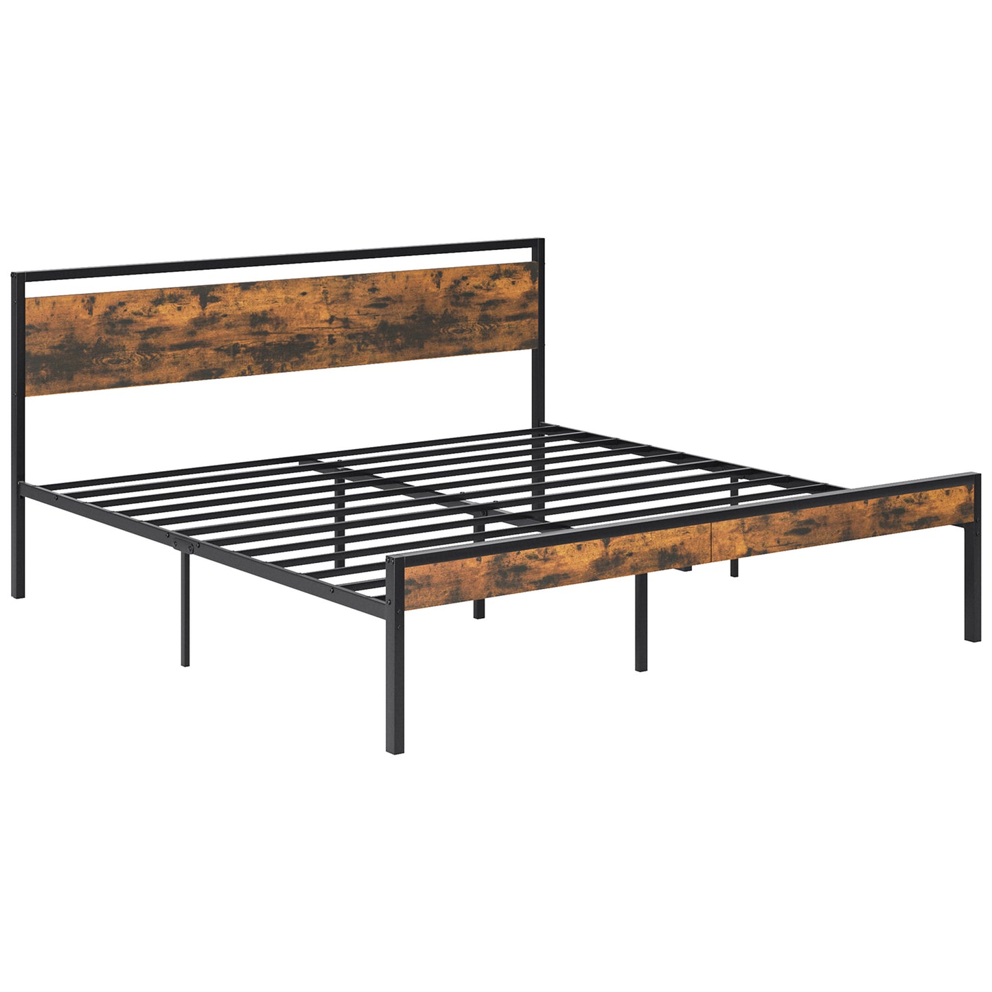 Heavy-Duty Metal Platform Bed with Wooden Headboard and Storage