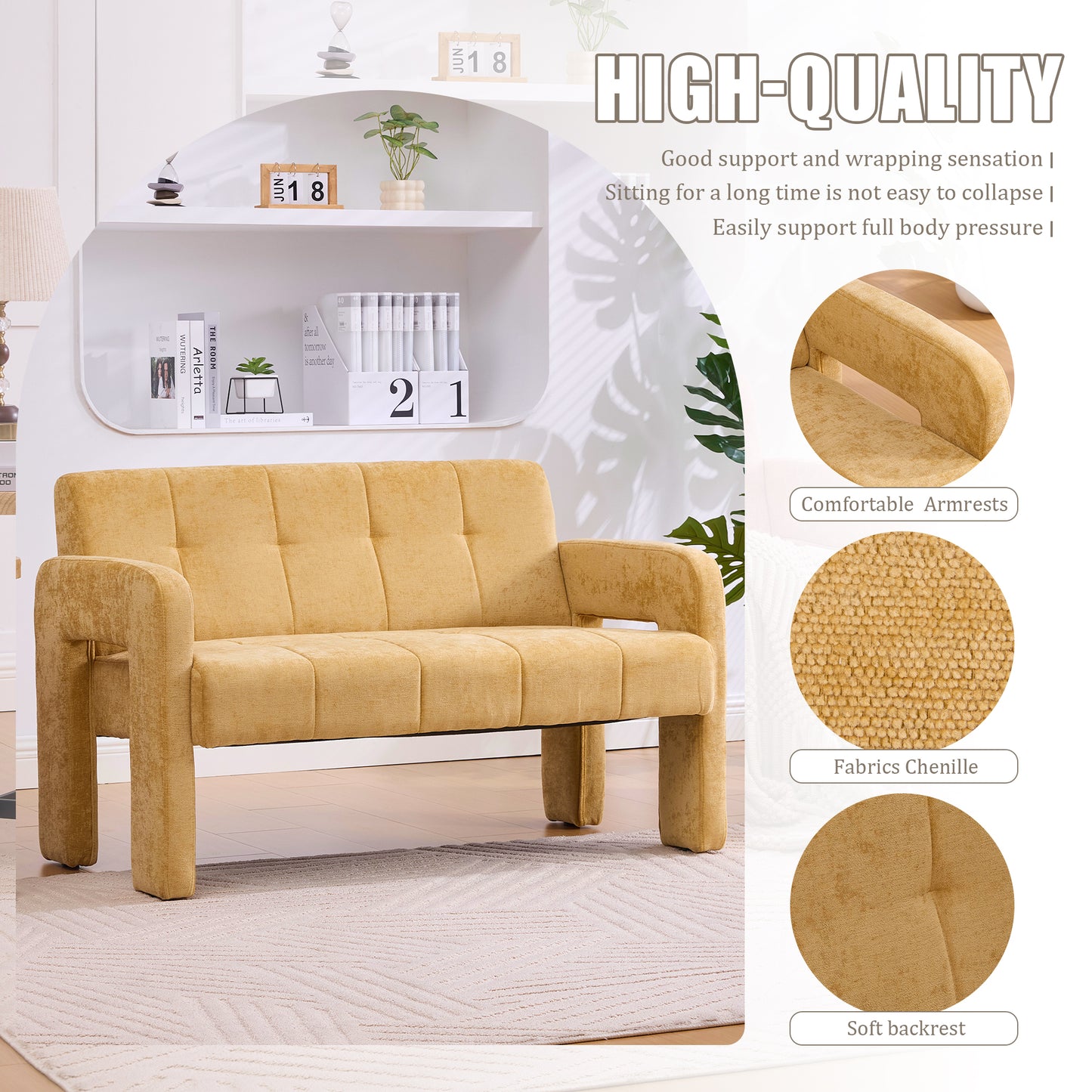 Compact Upholstered Double Armchair Sofa - Yellow